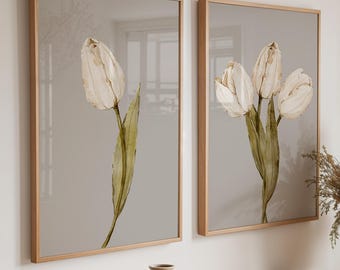 White Tulip Floral Wall Art Prints: Beige Neutral Botanical Decor