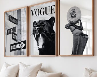 Vogue Style Wall Art, Set of 3, Fashion Prints, New York, Leopard Print, Heels, Disco Ball Decor, Black and White