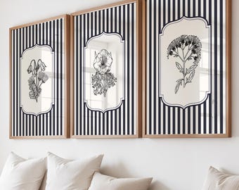 Navy Blue Vintage Striped Wall Art Prints Set of 3: Farmhouse Style Flowers Art, Striped Decor