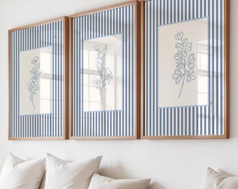 Blue Striped Vintage Style Floral Prints, Set of 3: Cottage Style Flowers Wall Art