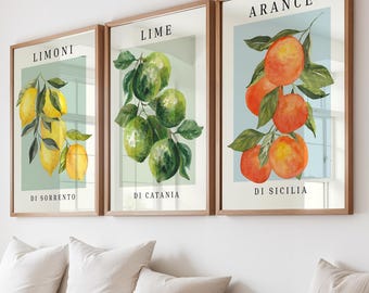 Mediterranean Citrus Fruits, Kitchen Wall Art Prints Set of 2: Limoni di Sorrento, Arance di Sicilia, Lime di Catania