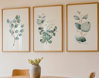 Sage Green Eucalyptus Wall Art Prints Set of 3: Neutral Prints, Green Decor