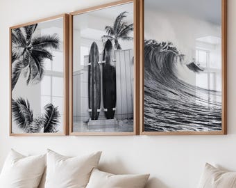 Surfing Coastal Ocean Black and White Prints, Set of 3: Beach Ocean Wall Art