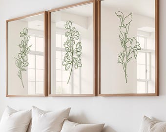 Minimalist Floral Prints, Set of 3: Line Drawing Green Flowers Wall Art