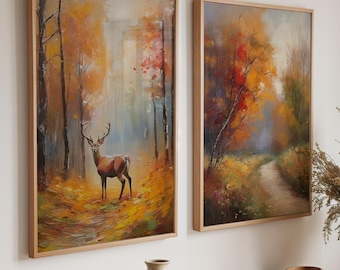 Woodland stroll deer autumn set of two art prints: Autumn cosy Home Decor