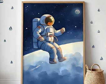 Watercolour Astronaut Nursery Print: Space Wall Art for kids bedroom
