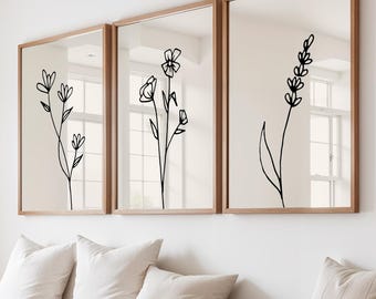 Minimalist Flower Line Art Print Set: Beige Botanical Home Decor