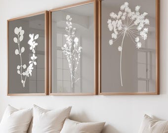 Grey Botanical Floral Wall Art Prints Set of 3: Cottage Style Dried Flowers, Warm Grey Decor