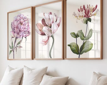Floral Vintage Style Wall Art Prints Set of 3: Botanical Home Decor