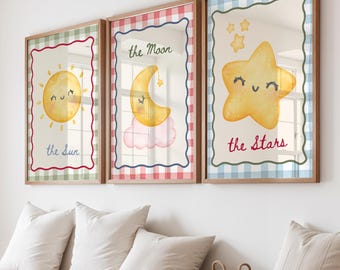Celestial Nursery Prints: Sun, Moon, Stars Boho Decor (Set of 3)