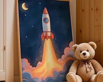 Watercolour Rocket Nursery Print: Space Theme Kids Room Decor