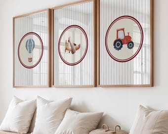 Toddler Playroom Wall Art Prints set of 3: Tractor, Plane, Hot Air Balloon Set