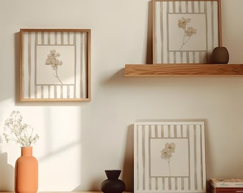 Beige Floral Wall Art Prints Set of 3: Square Wall Decor, Cottage Style Dried Flowers, Green Decor