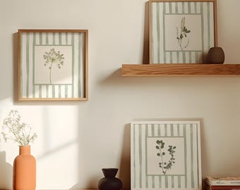 Sage Green Floral Wall Art Prints Set of 3: Square Wall Decor, Cottage Style Dried Flowers, Green Decor