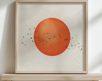Orange Sun Flock of Birds Wall Art Print, Japandi style Wall Art, Minimalist Scandi Decor