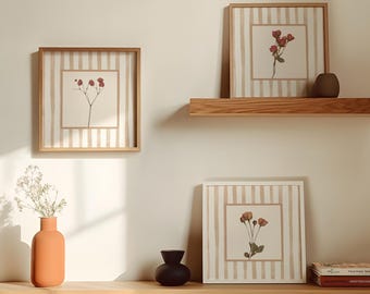 Burgundy Floral Wall Art Prints Set of 3: Square Wall Decor, Cottage Style Dried Flowers, Neutral Decor