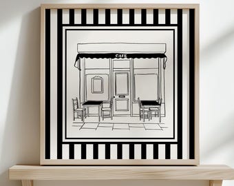Cafe Black and White Striped Wall Art Print, Vintage Style Coffee Nook Home Decor