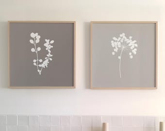 Grey and White Set of 2 Square Floral Wall Art Prints: Cottage Style Botanical Decor
