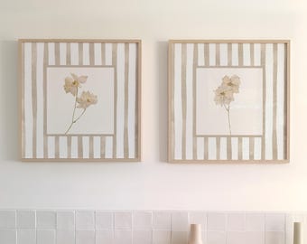 Beige Wall Art Prints Set of 2: Square Wall Decor, Cottage Style Dried Flowers, Neutral Home Decor