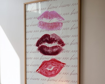 Kisses Lipstick Print, Chic Editorial Wall Art, Modern Glam Decor, Trendy Art, Lips Wall Decor