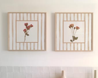 Burgundy Floral Wall Art Prints Set of 2: Square Wall Decor, Cottage Style Dried Flowers, Green Decor
