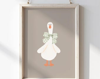 Silly Goose Nursery Print: Beige Wall Art with Green Bow