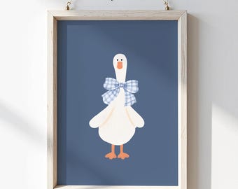 Silly Goose Nursery Print: Blue Gingham Bow, Baby Room Wall Art