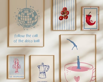 Kitchen Gallery Wall Art Set of 6: Baby Blue and Pink Prints, Coffee lover set of prints, modern kitchen decor