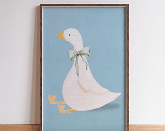 Silly goose wall art with coquette bow tie home nursery decor print framed in baby blue