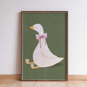 Decorazione murale con oca buffa e stampa per cameretta dei bambini con cornice verde oliva