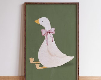 Silly goose wall art with coquette home nursery decor print framed in olive green