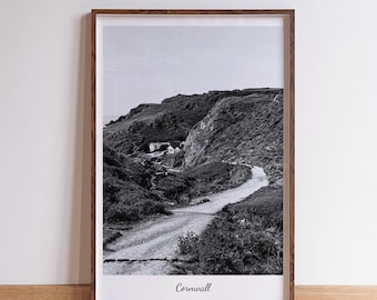 Cornwall photography print coastal black and white wall art coastal path poster