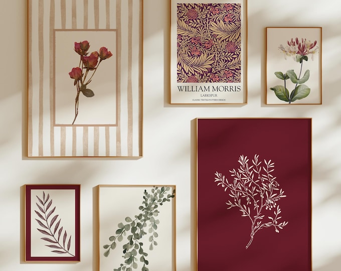 Featured listing image: Burgundy Floral Gallery Wall Art Set of 6: Maroon, Wine, Green Flower Set of Prints