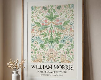 William Morris 'Strawberry Thief' Vintage Floral Art Print, green and pink home decor