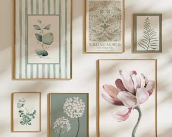 Sage Green and Baby Pink Floral Gallery Wall Art Set of 6: Pink Green Flower Set of Prints