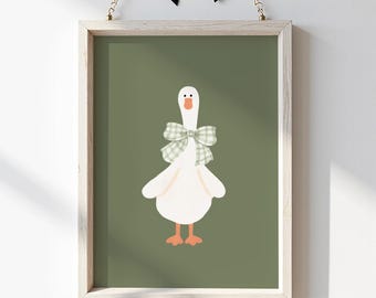 Silly Goose Nursery Print: Olive Green with Gingham Bow