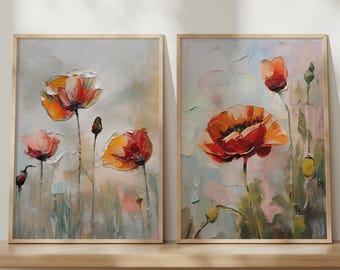 Poppy Floral Wall Art Prints Set of 2: Cottage Style Dried Flowers, Poppy Flower Decor