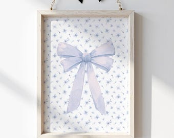 Blue Bow Floral Print: Vintage Nursery, Baby Boy Room Art