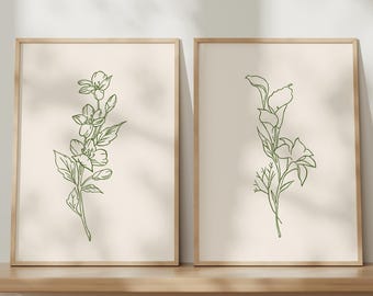 Minimalist Floral Prints, Set of Two: Line Drawing Green Flowers Wall Art