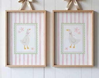 Silly Goose Nursery Prints Set of 2: Pink and Sage Green Bedroom Wall Art