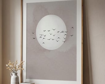 Beige Moon Flock of Birds Print: Japandi Wall Art, Boho Decor, Calming Wall Art