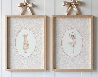 Ballerina and Ballet Shoes Print Set of 2: Floral Ballet Themed Nursery Wall Art