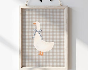 Gingham Goose Nursery Print: Beige Gingham Baby Room Wall Art