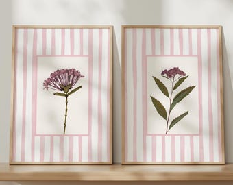Pink Striped Dried Flower Floral Wall Art Prints Set of 2: Cottage Style Botanical Decor