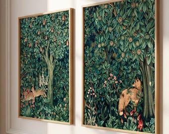 William Morris Forest Tapestry Wall Art Prints: Dark Green Vintage Floral Green Art, Set of 2 Prints, Vintage Botanical Decor