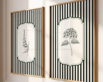 Dark Green Striped Vintage Minimalist Flower Floral Wall Art Prints Set of 2: Cottage Style Botanical Decor