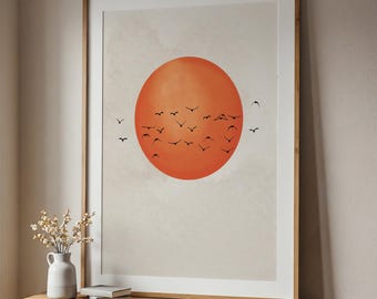 Orange Sun Flock of Birds Print: Japandi Wall Art, Boho Decor, Calming Wall Art
