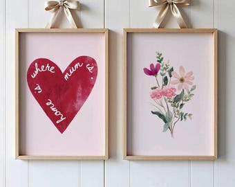 Home is where Mum is Mother's Day Wall Art Prints set of 2, Gift for Mum, Mother's Day Gift, Floral Wall Decor, Set of two