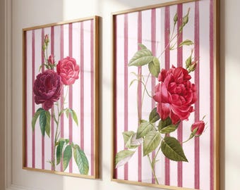 Roses Red and Purple Botanical Wall Art Prints, Bold Floral Home Decor