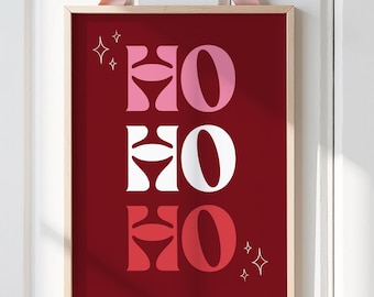 Burgundy Christmas Wall Art Print, "Ho Ho Ho" Typography